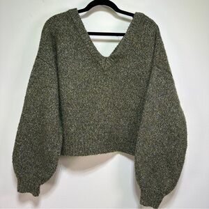Olive Heather Cropped Reversible Sweater | Balloon Sleeves Wool Blend | Size L